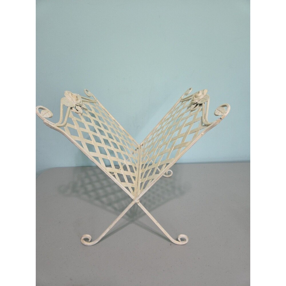 Vintage Metal Folding Magazine Rack Lattice Floral Rack Albums white Cottagecore